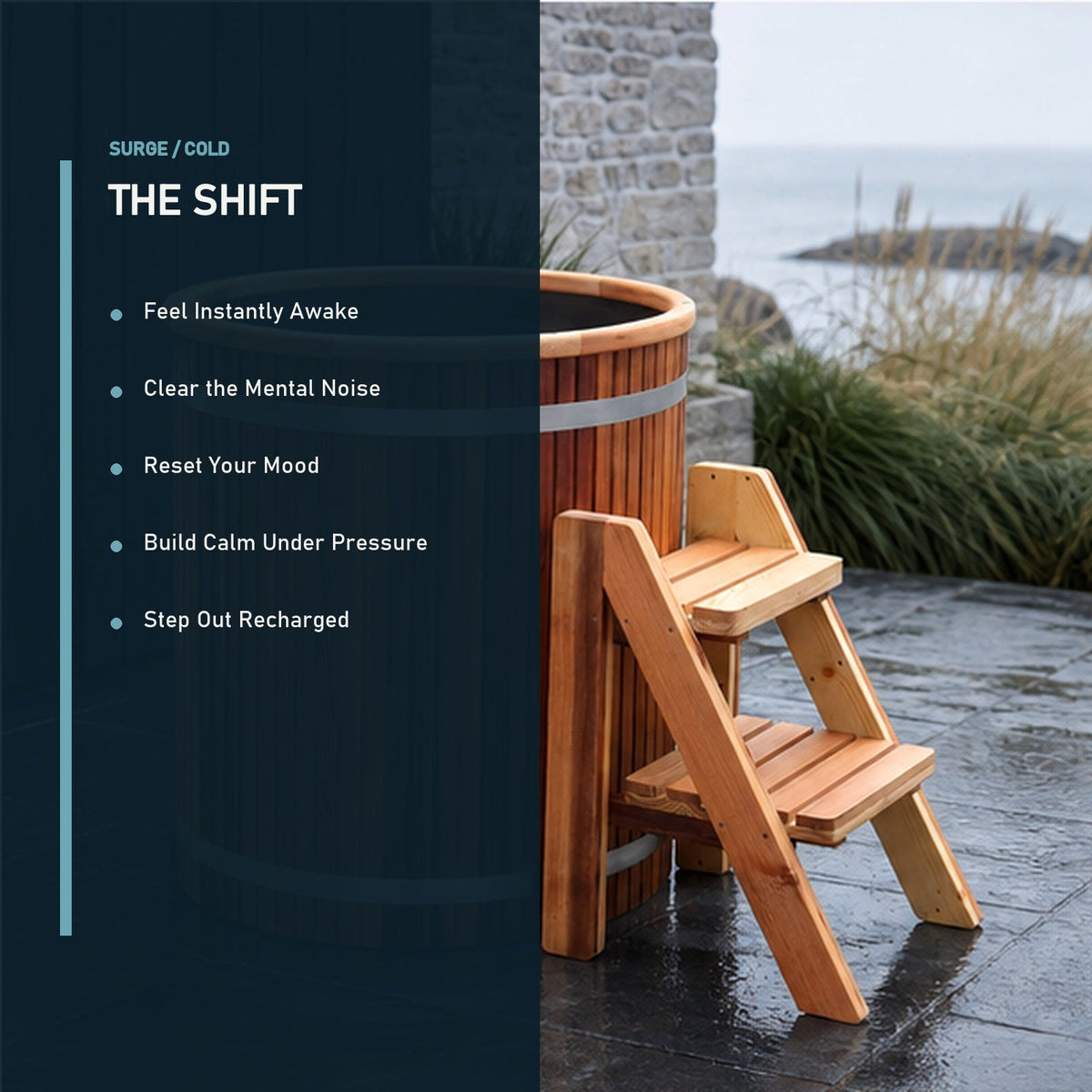 Surge Cedarline Cedar & Steel Cold Plunge Barrel — outcome benefits, corrected aspect ratio