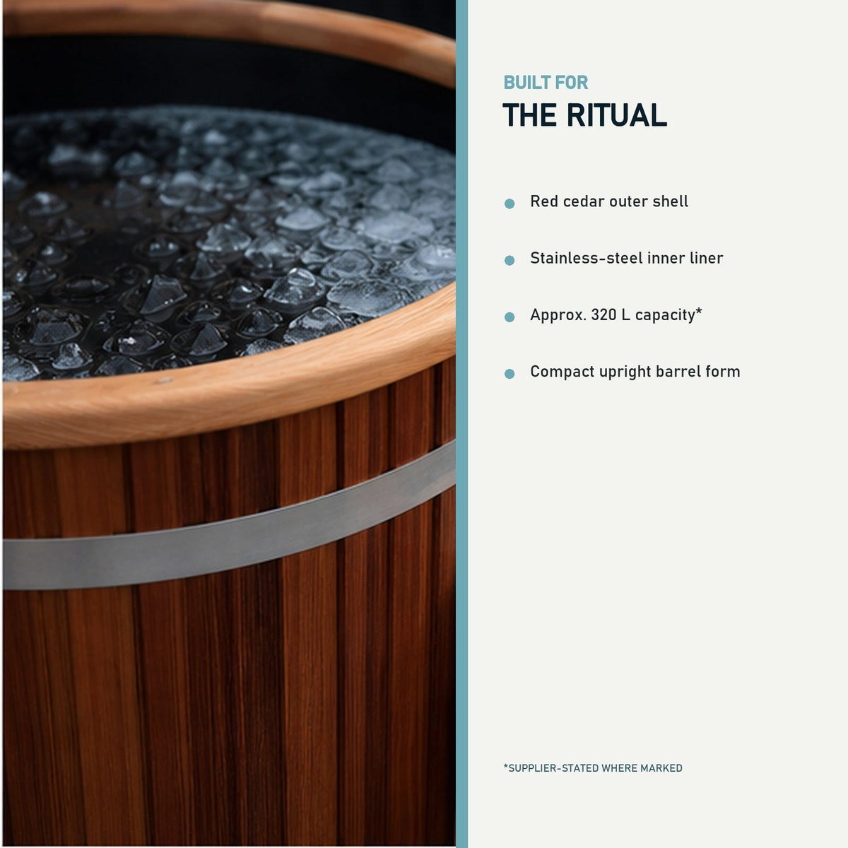Surge Cedarline Cedar & Steel Cold Plunge Barrel — product features, corrected aspect ratio